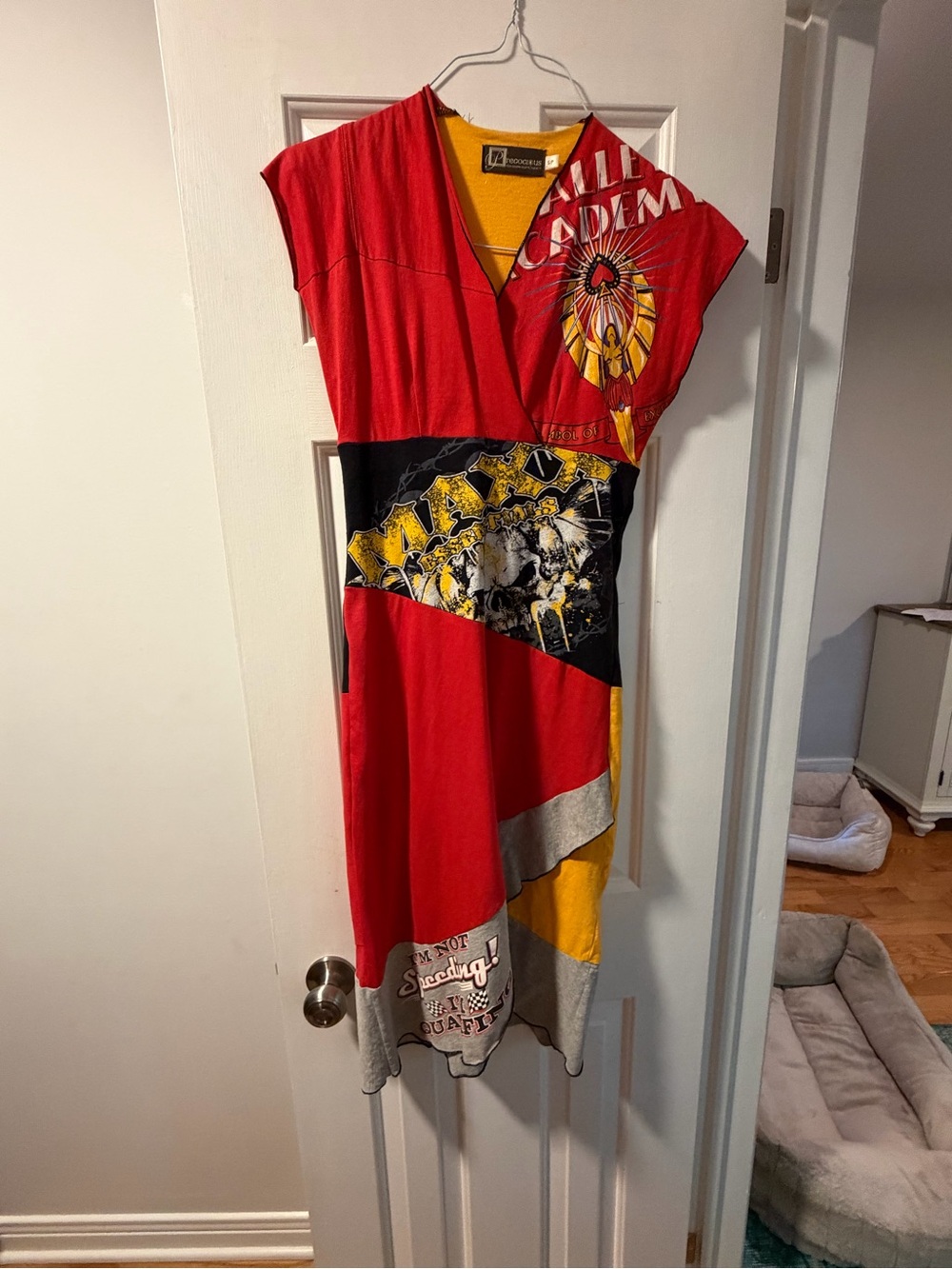 Asymmetrical Red & Yellow Graphic Midi Dress - Upcycled Style